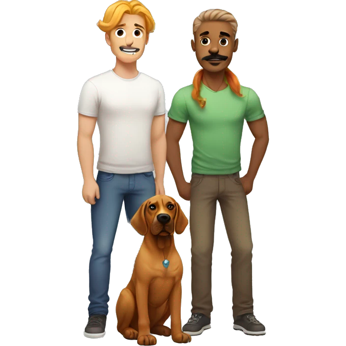white man with rainbow colored hair and curled mustache standing alongside a brown rhodesian ridgeback dog emoji