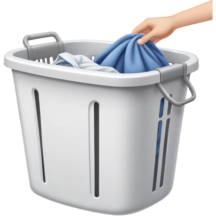 hands placing clothes in a laundry hamper, clean and clear emoji