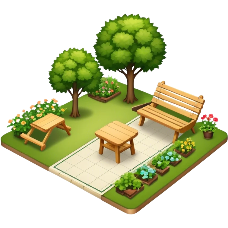 Icon for Landscape Design: a garden layout with trees, plants, pathways, and outdoor furniture, along with design tools like a ruler, pencil and sketchpad. The icon should represent the creativity and planning behind landscape design. Transparent background. emoji