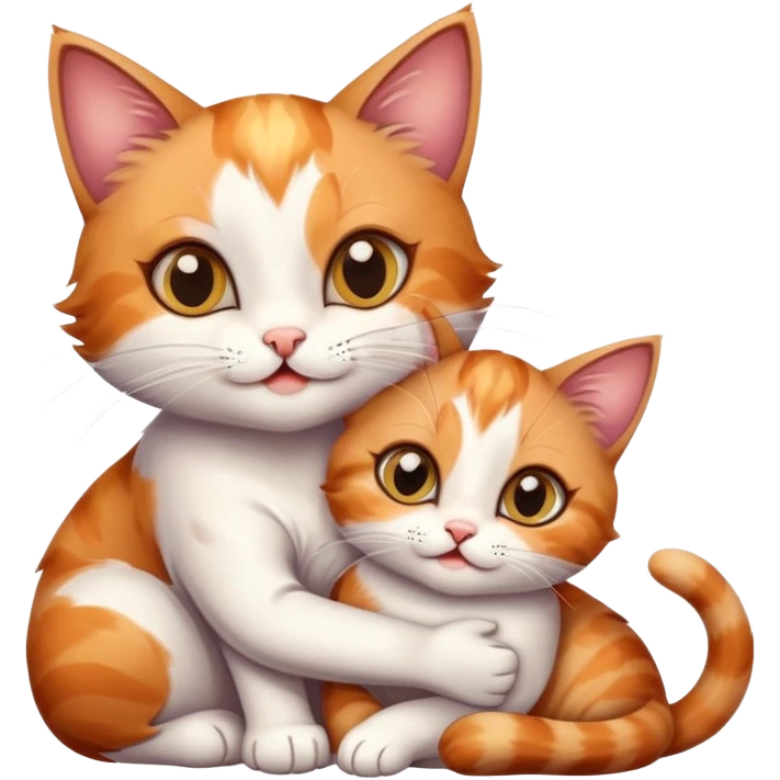 happy mom cat hugging her happy kitten, both cats with big eyes emoji