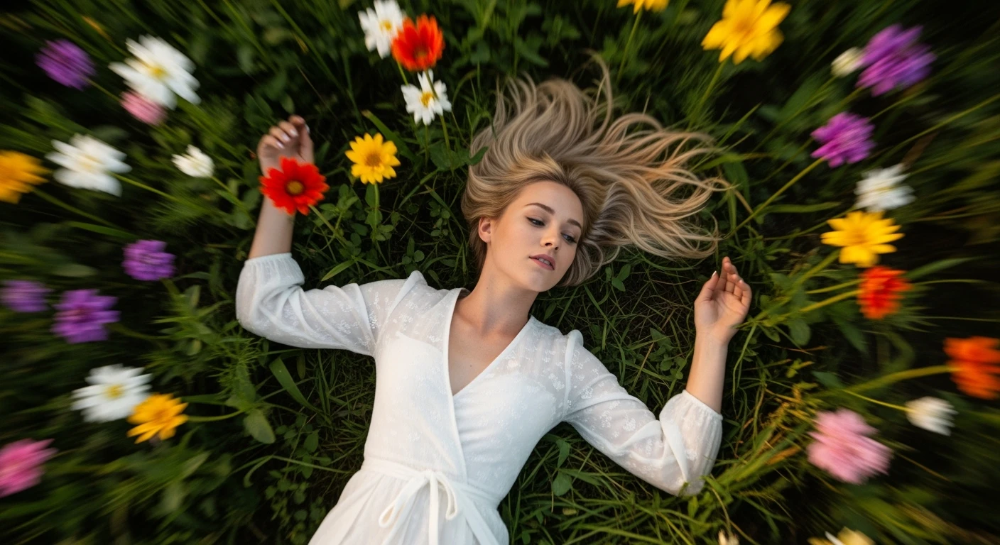 Camera drom top, Motion blur Extreme Closeup photo of a beautifull white european woman lay around beautifull colorfull flowers, cinematic light, 60/30/10 color rule, 8K, very detailed, sharp, depth (foreground, midground, background) inspired by La La Land emoji