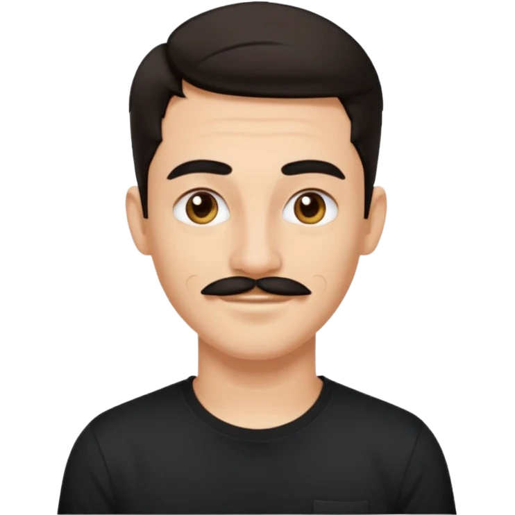 25 year old graphic designer, slightly receding dark hair, thin moustache, black earring on left ear, happy expression emoji