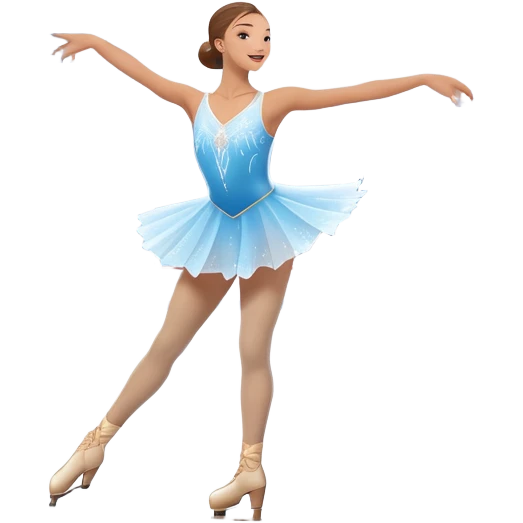 An icon showing a graceful figure skater performing a spin on the ice in a grand ice palace. The rink is illuminated by soft light beams, with cheering spectators in the stands. Snowflakes gently fall, adding to the magical atmosphere. Transparent background highlights elegance and artistry. emoji