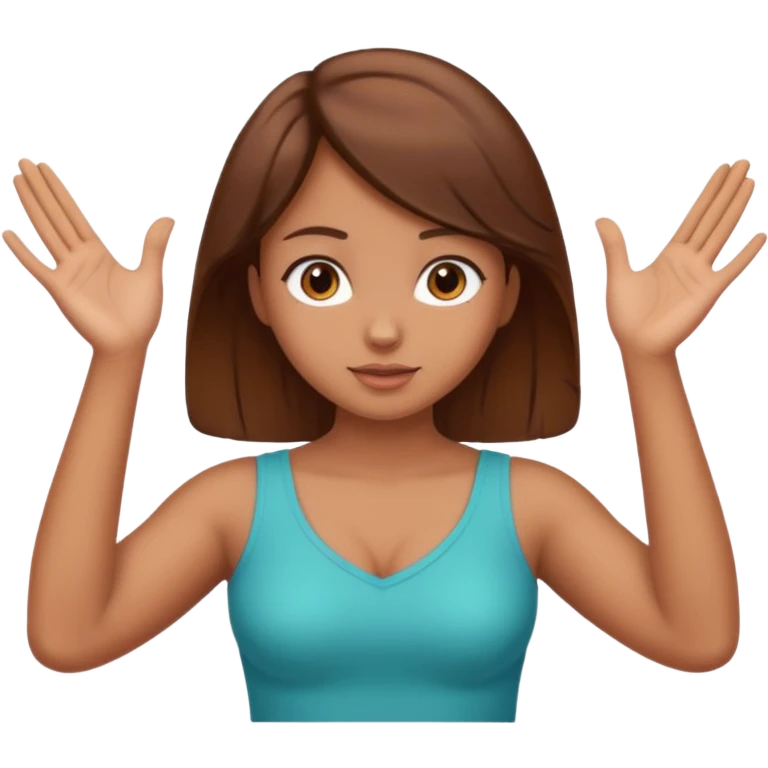 A girl with curious expressions and her arms making a v and her hands on her curves emoji
