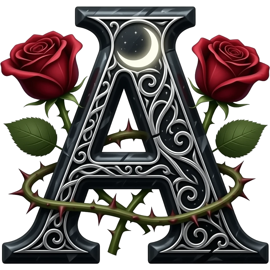 A heavy obsidian letter 'A' with silver filigree engraving. Deep red velvet roses with thorny stems wrap over the letter. Glowing moonlight effect, dark and moody atmosphere, high contrast, cinematic emoji