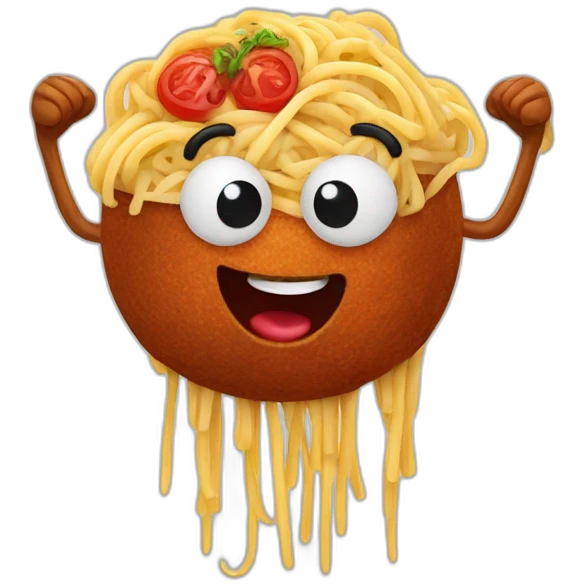 Spaghetti and meatballs with a face, arms and legs, doing something random emoji