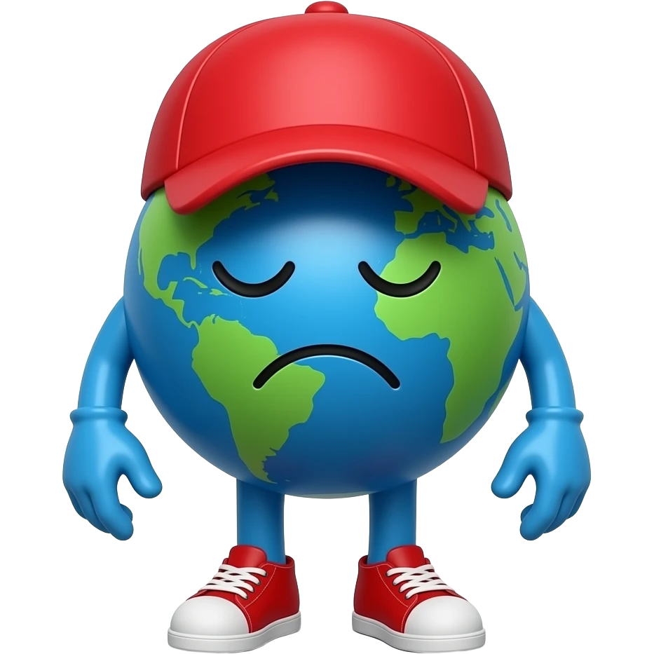 Earth with a face and wears a red cap and blue hands and blue legs and wearing a red shoes bump and closing eyes and frown mouth emoji