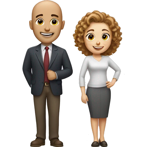 bald man without glasses and a shorter woman with brow curly hair, both smiling and waving hi emoji