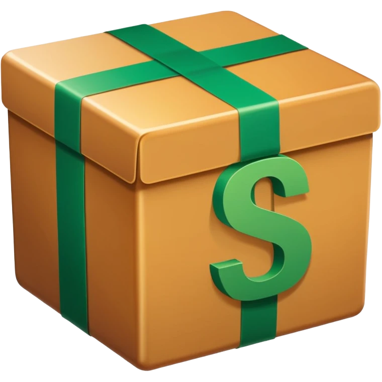 Closed box facing forwards with semi rounded edges Light honey‑brown tape strip with a glossy highlight green bill with a bold white dollar sign, anchored at the bottom left of the box create depth with slight shadows Plain white background for that crisp, emoji‑ready finish emoji