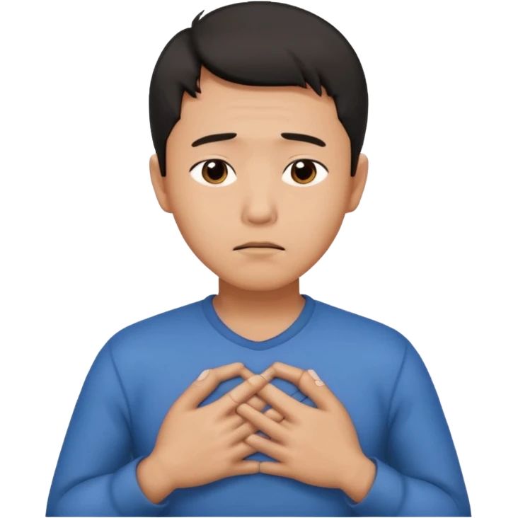 first asian man put his hands on his chest where his heart is, to showw howw he feeels. With a sad exxpression  emoji