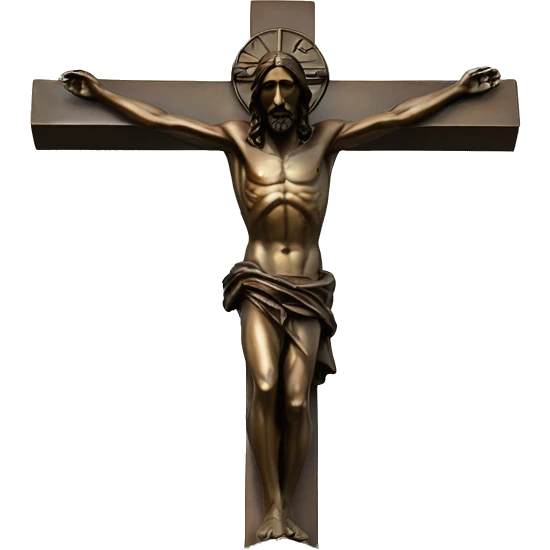 jesus on crucifix, reaching up to the sky, bronze statue emoji