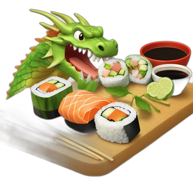 Dragón de 3 cabezas comiendo sushi sentado mientras toma cocacolaa emoji
