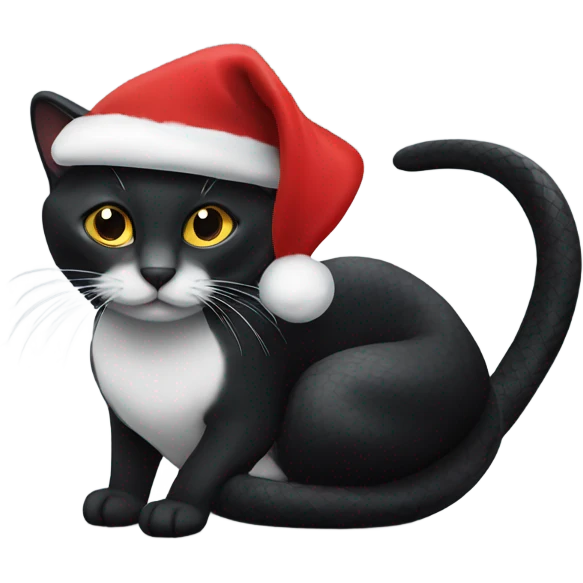 Black snake on a black/white cat wearing christmas hats emoji