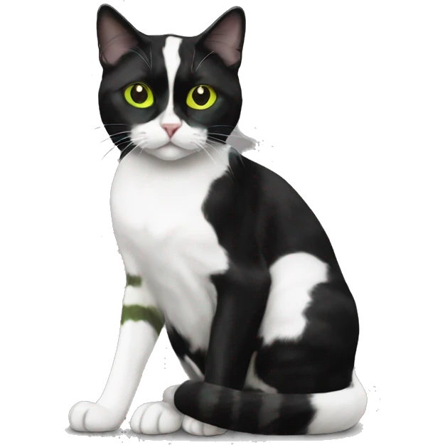 Sweet black and white harlequin patterned tuxedo cat with yellow green eyes emoji