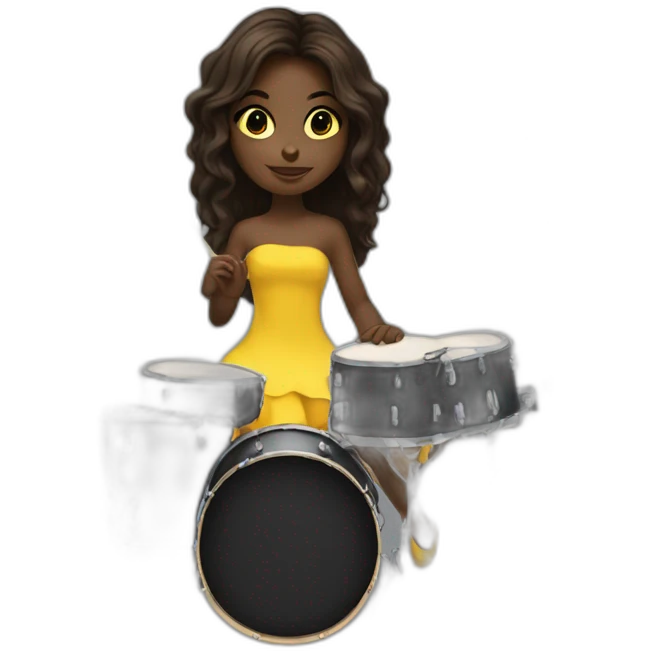 cute girl in yellow dress dark skin with yellow eyes and dark curvy hairs plays on drums emoji