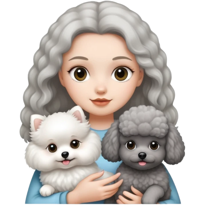 A girl holding a white Pomeranian and a gray poodle emoji