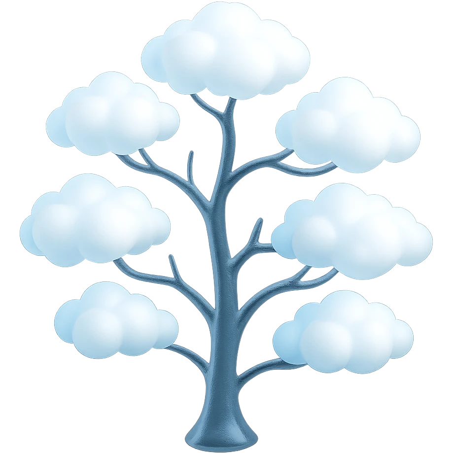 one tree with many branches, each branch covered with small, very bright white, saturated color, fluffy convex clouds, matte glass style, no background emoji
