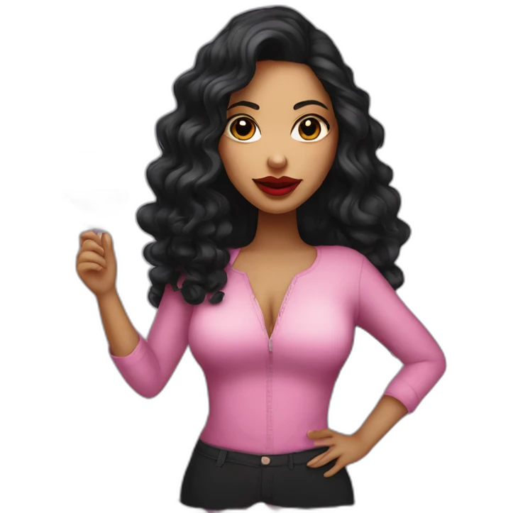 White latin girl with with pink big lips, long curly black hair and wine emoji