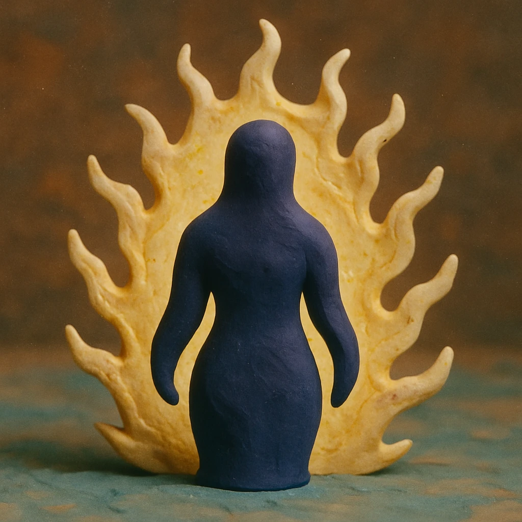 silhouette of a figure with flowing curves, radiating stillness and mystery, surrounded by shimmering energy emoji