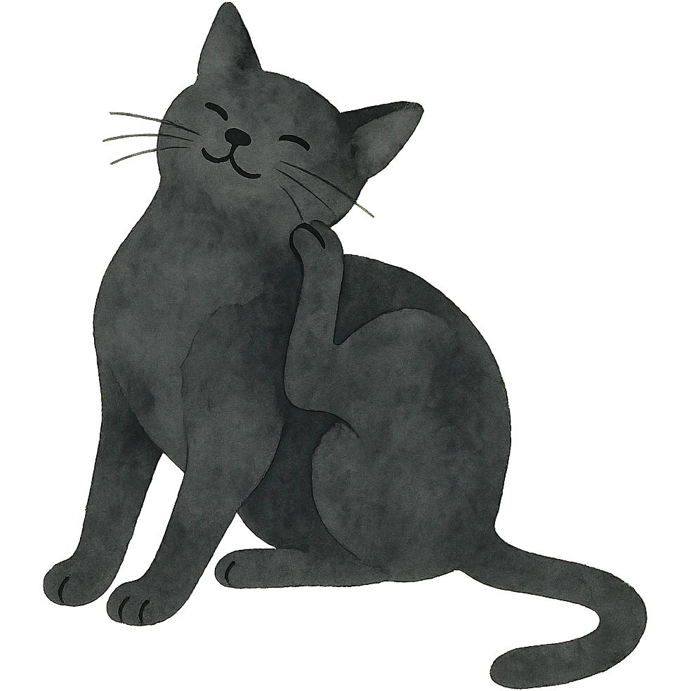 Edit the image of a black cat scratching its neck in the same pose, in watercolor art style with transparent background. emoji