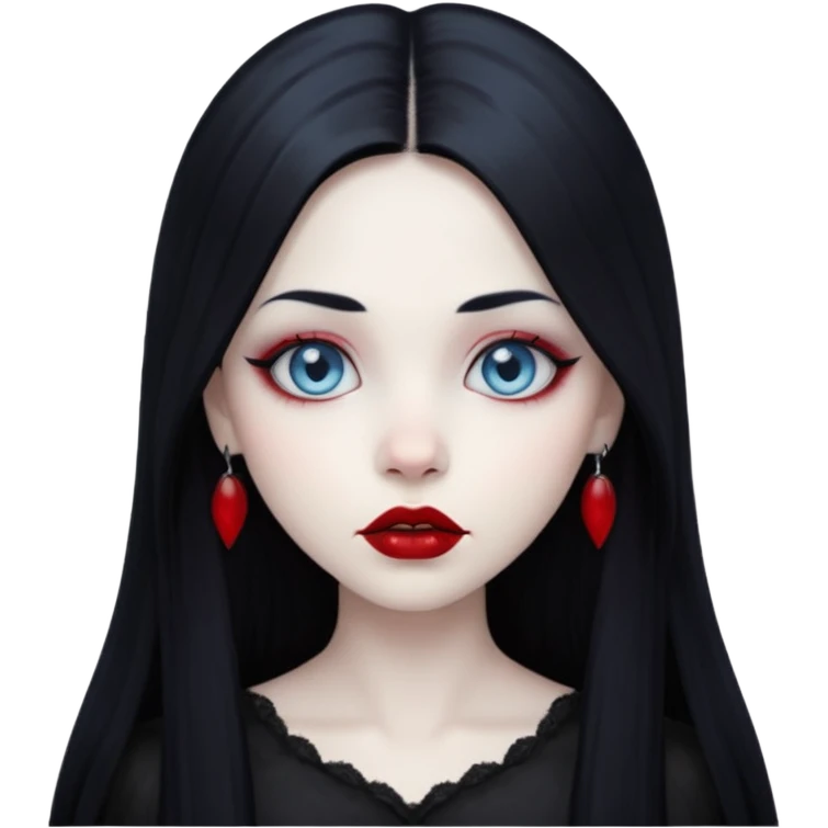 Gothic girl, pale ghost skin, light blue eyes, red round lips and long straight black hair. emoji