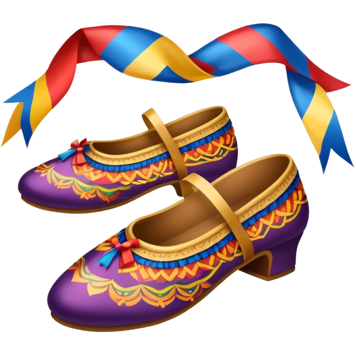 Icon for Folk Dance: close-up traditional dance shoes, colorful folk costumes, and a dance circle with ribbons. The icon should represent the vibrant and cultural aspects of folk dancing. Transparent background. emoji
