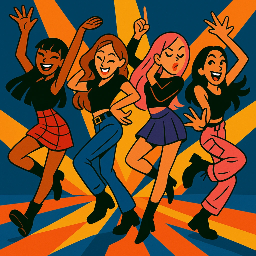Make the Blackpink group pose even more dynamic, with energetic dance moves and expressive gestures, vibrant toon style emoji