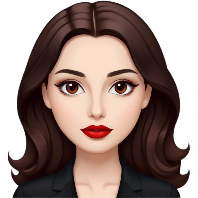Professional actress with radiant fair skin, elongated face, large dark almond eyes with elegant makeup, defined eyebrows, full red lips, long dark straight hair with soft waves, wearing sophisticated black outfit, confident but approachable expression emoji