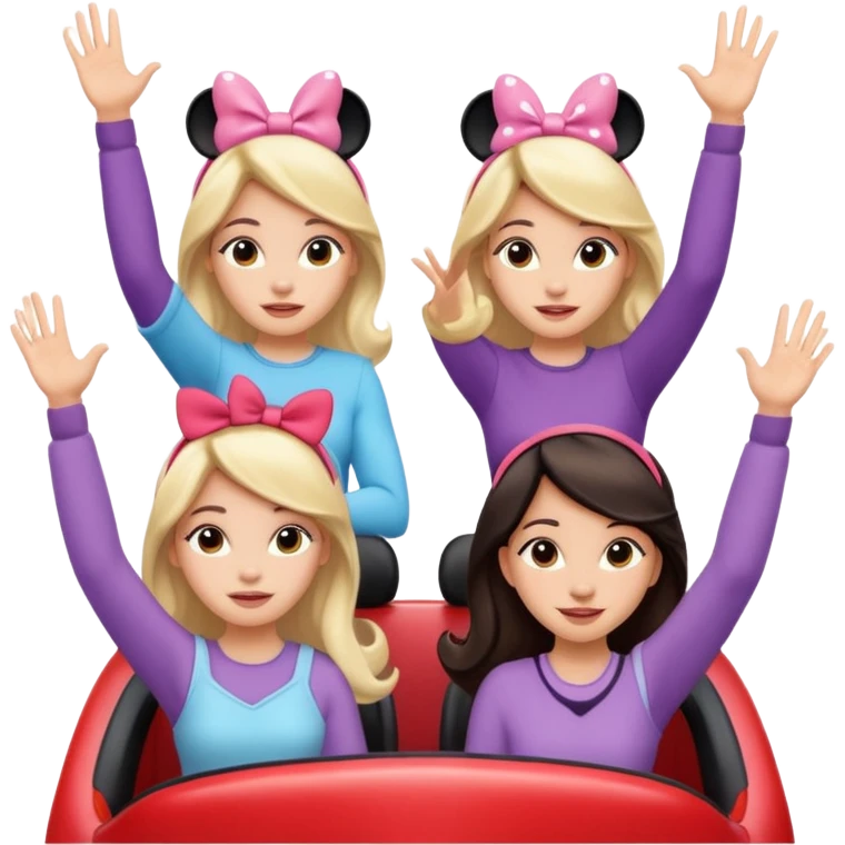 quatro chicas montadas en una atraccion de levantando la mano con orejas de Disney puestas en una atracción emoji