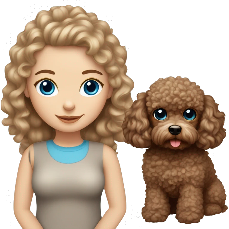 white girl with blue eyes and long curly brown hair with toy poodle dog breed emoji