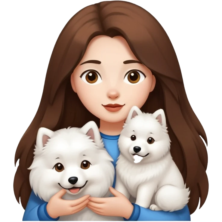 A girl with long brown hair holding a Samoyed emoji
