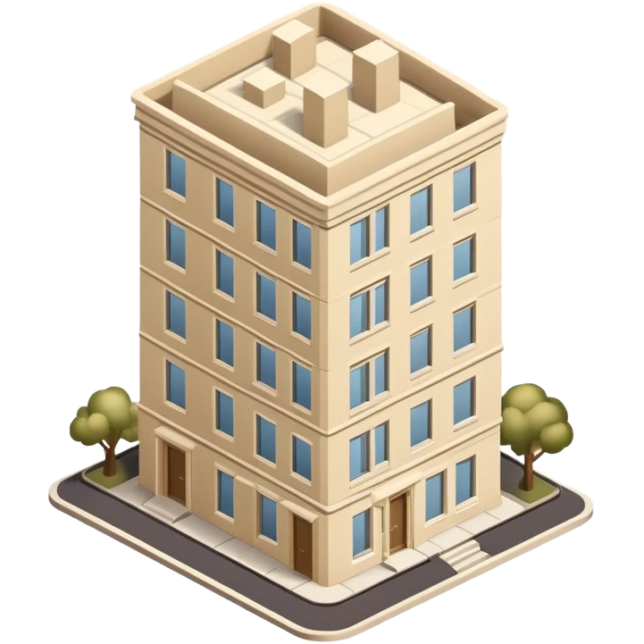Upper East Side beige apartment building high-rise, isometric dollhouse-style, realistic emoji