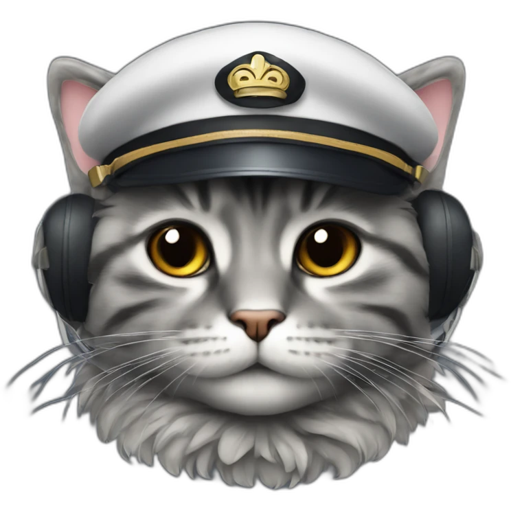 dark grey fluffy tabby face dressed as pilot of plane emoji