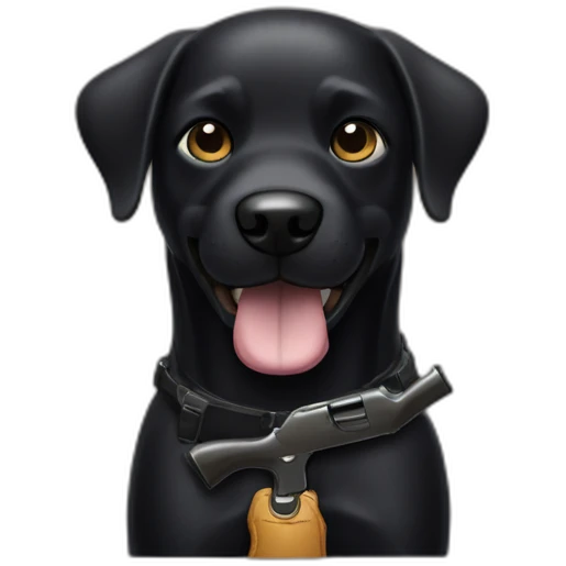 A black dog holding a shotgun with a smirk on his face emoji