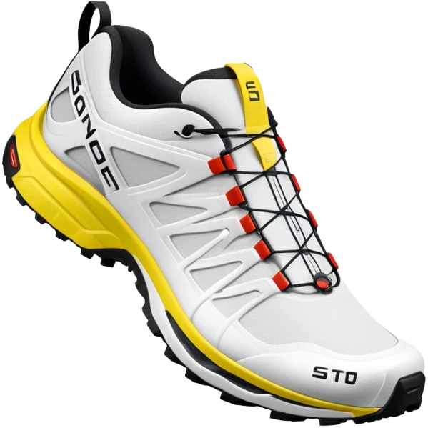 White Salomon XT-6 Gore-Tex trail running shoes, one positioned behind the other, simplified iOS emoji style, technical outdoor sneakers with trail sole, clean white colorway, minimalist design emoji