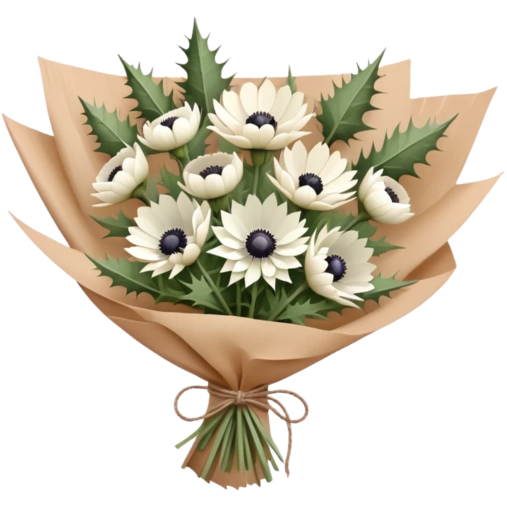 Bouquet of thistles and white anemone in brown paper   emoji