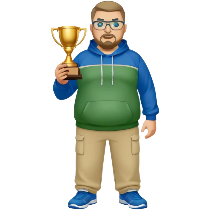 angry full body white obese male basketball coach with trophy. Goatee , Wearing glasses and blue and green hoodie and khaki pants emoji