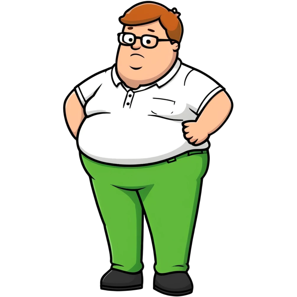 Peter Griffin from Family Guy with a pregnant belly, wearing green pants, white shirt, and glasses emoji
