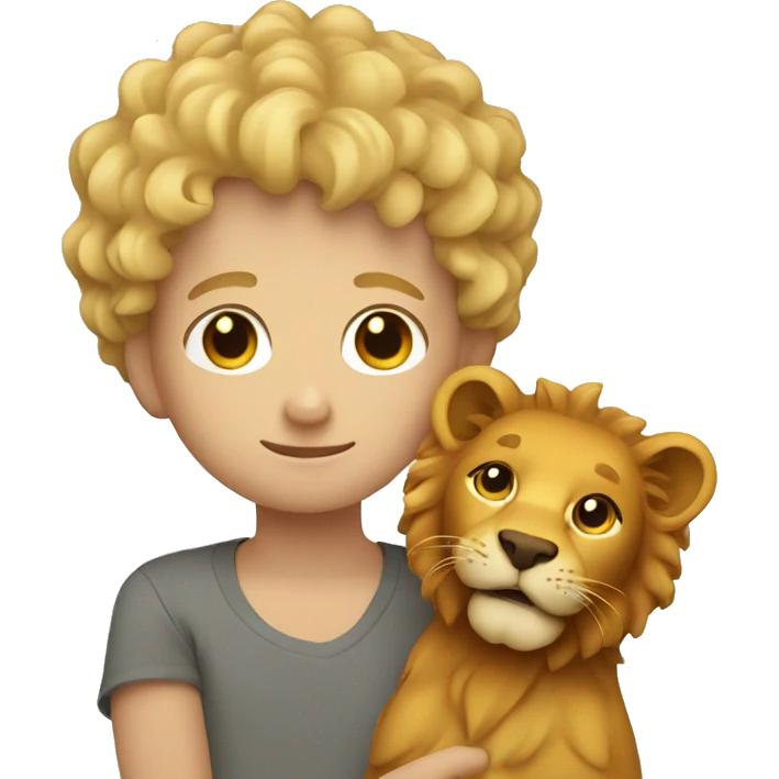 curly short blonde hair boy holding a lion emoji