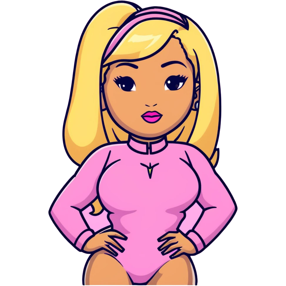 Nicki Minaj wearing a pink outfit with hair that is half blonde and half pink emoji