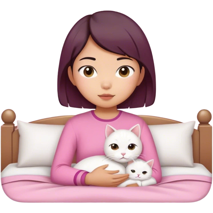 Short hair Asian girl in pink clothe wake up with white cat  emoji