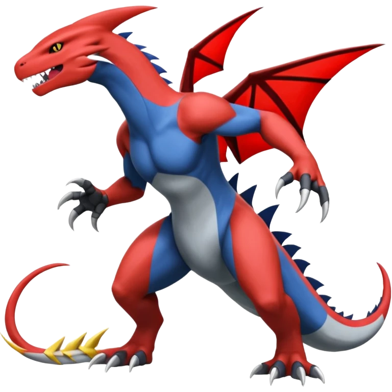 Handsome cool badass edgy Charmeleon-Latias-Garchomp-Giratina-Pokémon-Fakémon-fusion-hybrid-creature, full body emoji