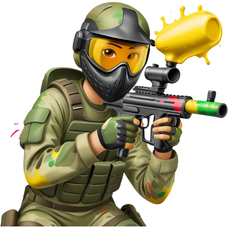 A paintball player in full gear, aiming a paintball gun with focus and determination. The scene includes vibrant splashes of paint and a dynamic battlefield setting, emphasizing action, strategy, and teamwork in a competitive environment emoji