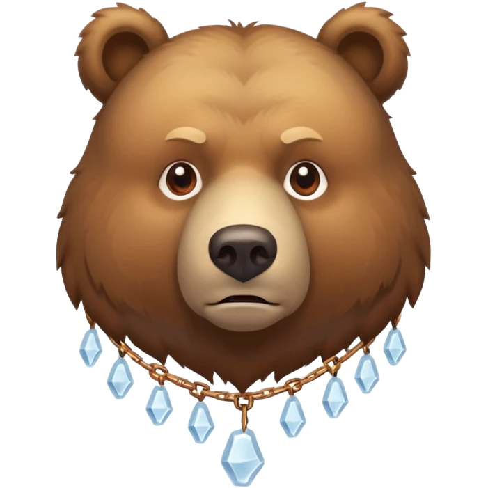 Realistic brown bear on all four legs with serious expression, wearing a simple chain made entirely of ice around its neck, nothing hanging from it emoji