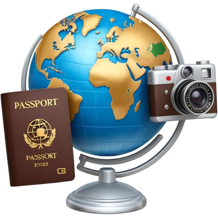 Globe with passport and camera, world travel emoji
