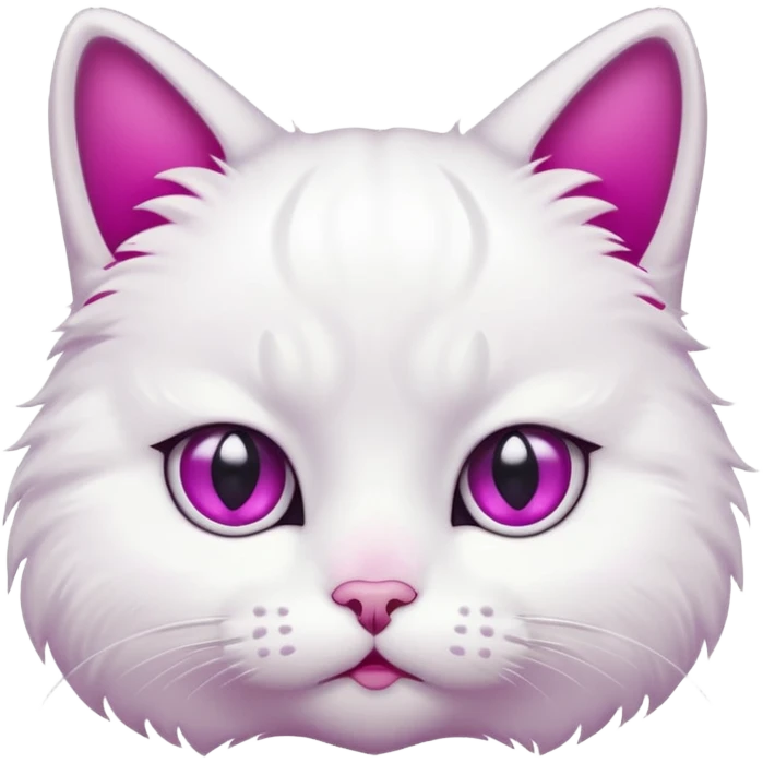 White cat, sad face, tear drop below one eye, magenta eyes, black background, cute cartoon style emoji