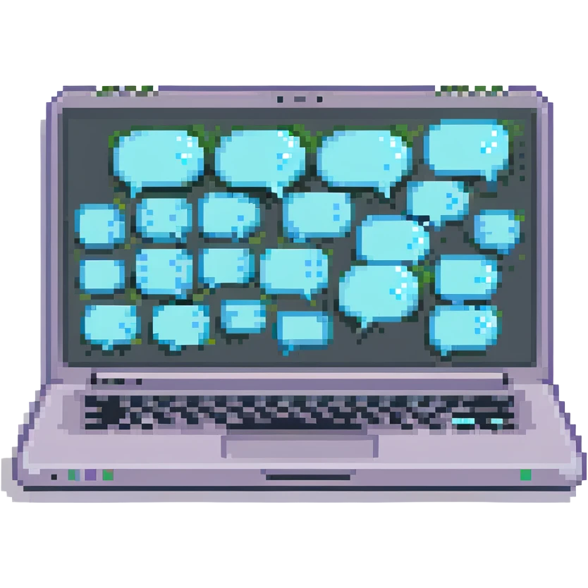 pixel art of a laptop with a glowing screen and chat bubbles, symbolizing AI chat emoji