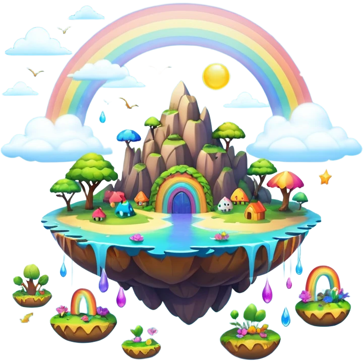 Floating islands with playful creatures, rainbow skies, soft magical lighting, 8K, no emoji icons, no emoji faces, still life emoji