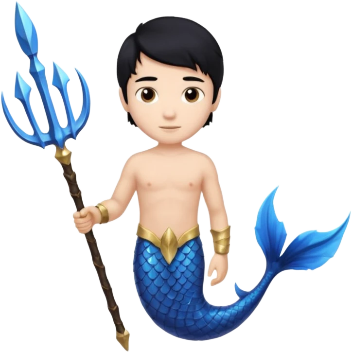 boy, black hair, brown eyes, white skin, Triton, with Triton in hand and blue Triton tail on the side. emoji