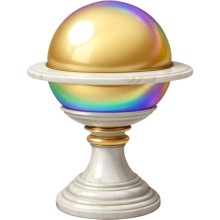 Beautiful precious tall Greek White marble pedestal with a gold cushion laying on top of it with a big shiny pearl-sphere-orb laying on it emoji